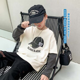 左西男童长袖T恤2025秋季儿童条纹假两件印花上衣打底衫潮 米白 160