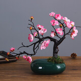 爱泽宝 中式仿真梅花枝腊梅假花干花桌面摆设家居客厅玄关装饰花花艺摆件小盆栽盆景禅意摆设 粉色梅花1支+绿花瓶