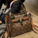 YILANGER真皮女包头层牛皮2025新款复古手提包大容量斜跨托特包 咖啡色