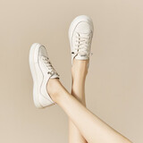 ZHR小白鞋女真牛皮平底百搭运动板鞋免系带韩版软底休闲鞋女 A75 米色 35 