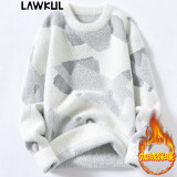 LAWKUL 毛衣男秋冬季加绒保暖厚打底毛衫线衣潮流冬装套头针织衫男装 21084乳白色 XL