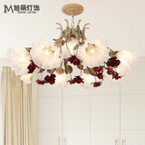 旭萌田园美式复古卧室吊灯乡村田园铁艺花草灯客厅大气餐厅灯别墅灯具 9头 LED三色变光