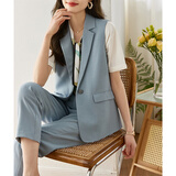 梵希蔓气质干练西装马甲阔腿裤两件套春季新款休闲简约百搭套装女 V8082 浅蓝色 S