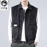 狄帝鲨 牛仔马甲男外套春秋季大码马夹休闲港风潮流ins背心青年无袖坎肩 一木森-Y882-灰色 XL 【135-155斤左右】