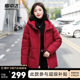 雪中飞秋冬新款保暖连帽女士羽绒服防钻绒外套时尚休闲羽绒服女 酒红|1121 165/88A