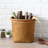 ken's圆形花盆套 垃圾篓收纳桶 手工编织储物筐 田园收纳篮 橙色 大号