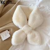 撞青春保暖小围巾女士秋冬季仿皮草兔毛时尚可爱交叉围脖双面假毛衣领子 白色 85*15cm