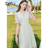 百图betu女装夏季新款连衣裙轻国风绣花雪纺高腰连衣裙女2304T86 米白 S