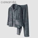Clarkarida法兰绒男士睡衣男加绒加厚长袖睡衣套装秋冬天保暖家居服男可外穿 铁灰【螺纹款】  XL(130-150斤)