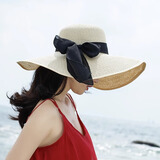 维捷夫遮阳帽女士太阳帽夏天沙滩大沿帽子折叠防晒草帽女 米色黑带