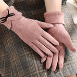 恒源祥 羊毛手套女士秋冬季保暖防寒冬天加绒加厚骑行分指触屏手套 粉色 【蝴蝶结绳款】 礼盒装