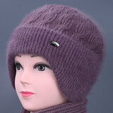 冬天中老年人帽子女妈妈兔毛线帽加绒加厚奶奶老太太针织保暖棉帽 香芋 均码有弹力