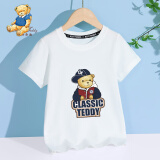 Classic Teddy精典泰迪童装儿童t恤男女童短袖T恤薄款半袖宝宝衣服夏装洋气上衣 棒球帽子熊织标短袖白色 120cm