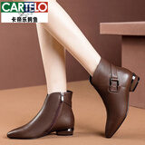 卡帝乐鳄鱼（CARTELO）高档真皮短靴女粗跟秋冬季年新款女装皮鞋尖头靴子女加绒马丁靴女 棕色【加绒] 37