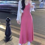 巧丂针织吊带粉色连衣裙女春秋新款内搭外穿辣妹chic收腰修身气质长裙 粉红色 均码 （80-120斤）