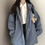 泽攸韩版纯色港风外套女学生春秋长袖连帽宽松百搭休闲工装夹克上衣潮 蓝色双层  适合春秋季 L 建议115-129斤