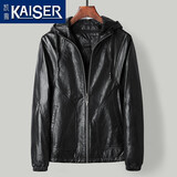 凯撒（KAISER）皮衣男头层油蜡牛皮鹅绒服2025冬季新款连帽拉链款活里活面皮外套 黑色 6XL (200) (适合195-210斤)