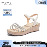 他她（TATA）厚底一字带坡跟凉沙滩凉鞋女凉鞋女新款式WBR01BL3 米白 34