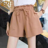 素沁仁雪纺短裤女夏季女装新款高腰宽松韩版百搭显瘦休闲裤五分裤 卡其色 XL 建议120-135斤