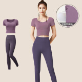 徽昂瑜伽服女套装健身运动服跑步训练衣含胸垫T恤拼接短袖长裤紫色L