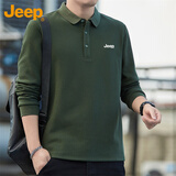 JEEP吉普长袖T恤男春秋季宽松polo领打底衫男士衣服男装 军绿 XL