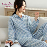 康妮雅（Conlia）睡衣女春秋季纯棉双层纱女士家居服长袖经典格子休闲套装可外穿 蓝白格（春秋薄款） M