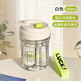 森森猫简约泡花茶塑料杯男女高颜值吸管杯子学生带茶隔便携小巧随手水杯 hello双饮白+杯刷+卡通贴纸580ml