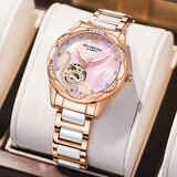 欧绮娜（MG.ORKINA MG）梦幻音符手表 女士全自动镂空机械表 时尚镶钻防水夜光钢陶瓷腕表 青春浅粉