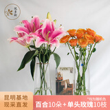 悦多彩AB级优质香水百合 家庭办公室各色生活鲜花 昆明基地 现采直发 百合10朵+单头玫瑰10枝（均为随机色）