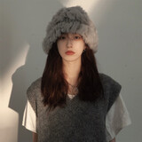 苏木佰新款显脸小兔毛帽子女秋冬保暖毛绒帽针织渔夫帽护耳包头毛线帽 灰色【正常发货】