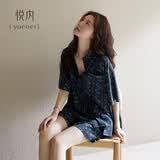 悦内老钱风睡衣女夏季夏款短袖短裤纯棉家居服可外穿套装母亲节礼物 23151青石蓝 M (160) 【体重90-110斤】