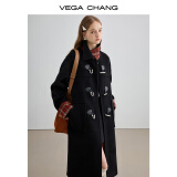 VEGA CHANG黑色毛呢子大衣女2024秋冬新款格纹中长款大衣 锆石黑 S