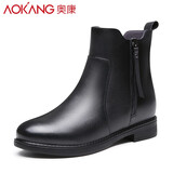 奥康（Aokang）女棉鞋冬季保暖加绒牛皮短靴防滑耐磨妈妈鞋棉皮鞋马丁靴女 黑色单里 37