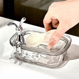 尊慕斯肥皂盒沥水家用卫生间双层香皂盒子厕所浴室创意洗衣皂收纳置物架 水波纹肥皂盒-带兔1只装/透明色