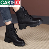 卡帝乐鳄鱼（CARTELO）真皮复古马丁靴女2025年新款秋冬棕色厚底增高单靴英伦风短靴新品 黑色加绒 37
