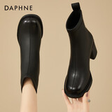 达芙妮加绒高跟短靴女圆头百搭靴子粗跟增高瘦瘦靴4623607044 黑色37