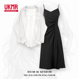 UKMR夏季套装女2025新款大码穿搭防晒雪纺衬衫上衣配吊带连衣裙两件套 白色衬衫+黑色连衣裙【两件套】 4XL 【建议180-200斤】