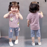 熊迪明女童夏装女宝宝夏天短袖衣服2洋气3岁女婴儿童装夏季套装韩版潮 豆沙粉 XT 两个娃娃短袖套装 80 cm【适合15-20斤】
