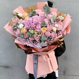 冉子花坊鲜花速递粉玫瑰百合向日葵混搭花束生日礼物同城配送 韩式粉玫瑰绣球混搭花束