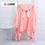洁丽雅儿童浴袍珊瑚绒速干婴儿宝宝洗澡浴巾带帽加厚卡通粉中号140*70cm