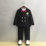 GOKU男童西套装秋季钢琴演出主持人西服儿童合唱服高端周岁男宝宝礼服 黑西装+马甲+裤子+衬衫领结胸花 140 （建议体重50-58斤）