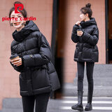 皮尔卡丹黑金抗寒羽绒服冬季2025新款宽松收腰连帽白鸭绒小个子外套女显瘦 黑色 M 适合110-125斤