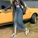 翊尚美开叉牛仔半身裙女职场穿搭秋冬高腰中长款a字半身裙小个子包臀裙 复古蓝【春夏升级前开叉款】 M 【推荐90-105斤腰围68CM】