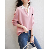 德玛纳（dme）【华夫格拼接卫衣】春秋翻领落肩长袖微弹宽松卫衣女 皮粉 S 