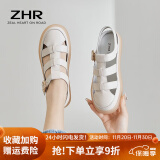 ZHR凉鞋女夏季新品平底编织包头复古罗马鞋真牛皮果冻底运动沙滩拖鞋 米色（搭扣款） 35码