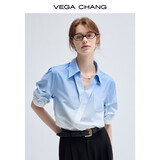 VEGA CHANG衬衫女25夏装新款休闲宽松法式小众上衣V领短袖白衬衣 蓝白渐变-短袖 S