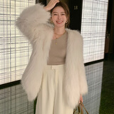 傲列2024秋冬轻奢品质貉子毛双面编织皮草女中长减龄狐狸毛毛外套大衣 米色 均码