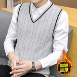 汉角  秋冬季男士V领毛衣秋装马甲加绒加厚潮流无袖保暖针织衫男冬天青年修身毛线衣休闲背心 凯9906灰色【加绒】 XL/175【120-135斤穿】