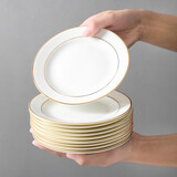 国涛骨瓷金边平盘10个装高级感家用摆台酒店餐盘骨碟白色陶瓷西餐盘子 金边6.5平（很小） 10个 16.6cm
