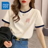 真维斯（Jeanswest）t恤女夏季装新款纯棉短袖上衣服女装宽松撞色休闲慵懒风正肩半袖 米藏青 线条HI粉_K M